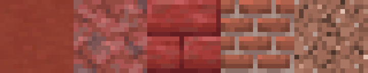 Red material palette, left to right: red terracotta, cinnabar, cinnabar bricks, bricks, and granite.