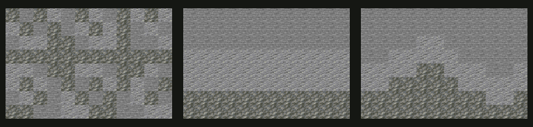 Three wall diagrams using tuff, andesite, and stone: scattered blocks, straight bands, and larger connected patches.
