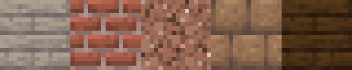 Warm brick palette, left to right: poplar planks, bricks, granite, mud bricks, and dark oak planks.