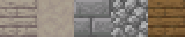 Cabin palette, left to right: poplar planks, stripped poplar log, stone bricks, cobblestone, and spruce planks.