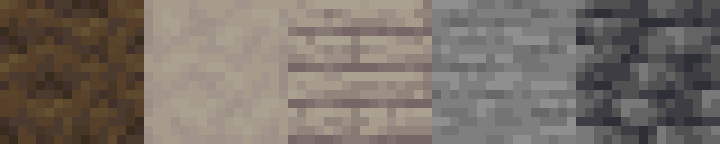 Poplar texture study, left to right: poplar log side, stripped poplar log side, poplar planks, stone, and deepslate.