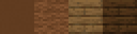 Brown roof palette, left to right: brown concrete, brown wool, spruce planks, and dark oak planks.