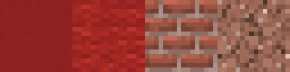 Red roof palette, left to right: red concrete, red wool, bricks, and granite.