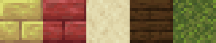 Courtyard palette, left to right: sulfur bricks, cinnabar bricks, smooth sandstone, dark oak planks, and moss block.