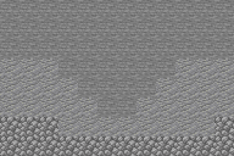 A twelve-by-eight quarry wall layout with 48 stone blocks, 32 andesite blocks, and 16 cobblestone blocks arranged in connected areas.