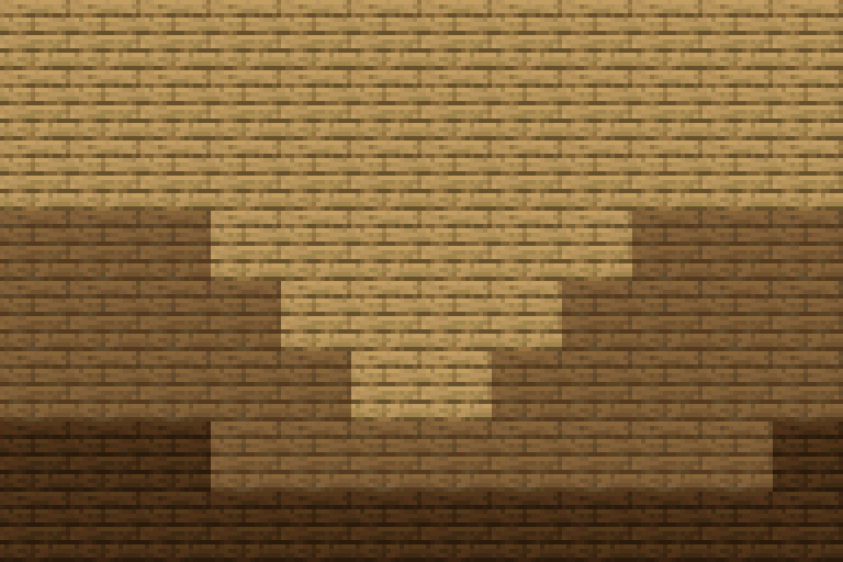 A twelve-by-eight wood wall layout with 48 oak, 32 spruce, and 16 dark oak planks, moving from darker lower areas to lighter upper areas.